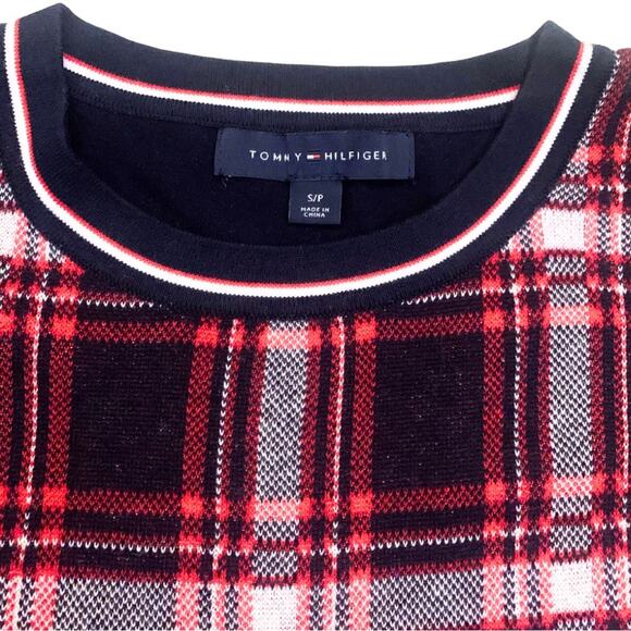 Tommy Hilfiger Plaid Navy Blue Red Short Sleeve Sweater Top Size Small Checkered - Picture 2 of 10